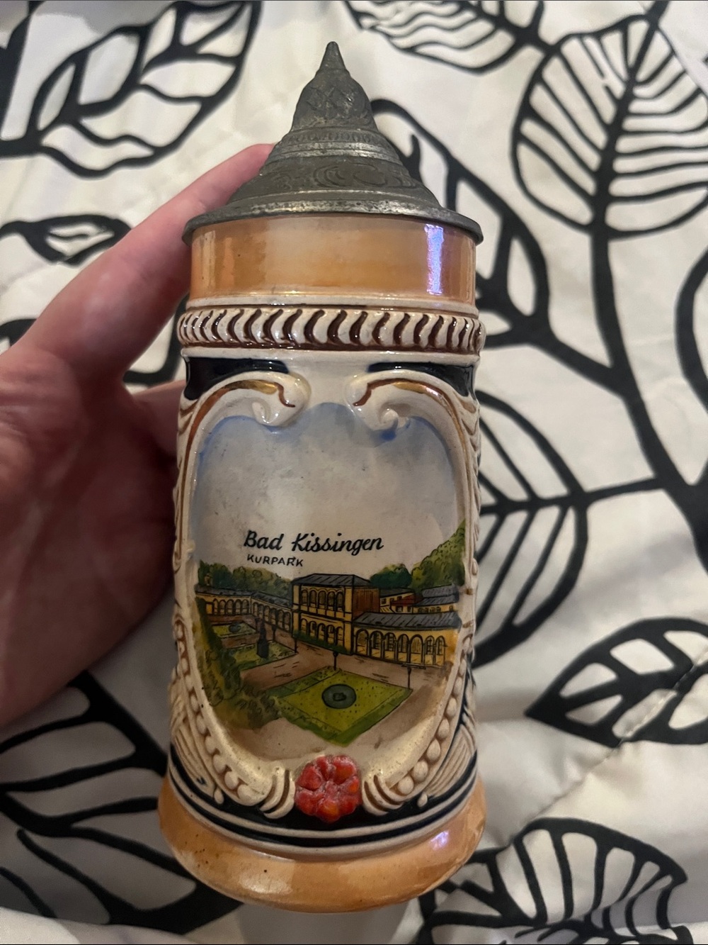 Bad Kissingen Ceramic Beer Stein with Pewter Lid - Yellow and Cream